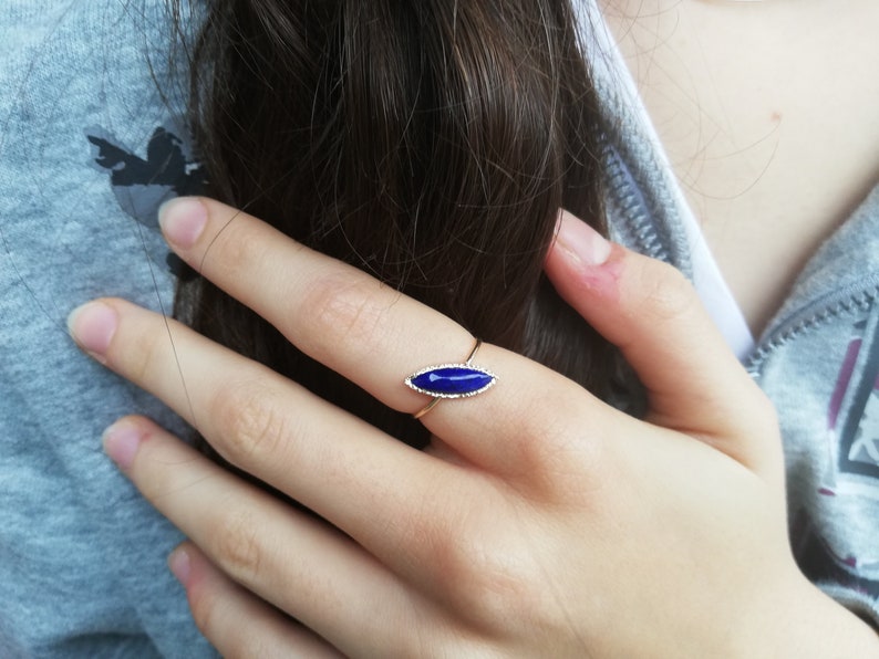 Lapis Lazuli Ring in 14k gold, Marquise Ring, Statement Ring, Handmade gold ring, Secret heart ring image 3