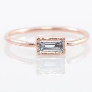 Rectangle Rose Gold Aquamarine Ring with Secret Heart, Emerald Cut, Diamond Alternative Engagement Ring, Holiday Gift, Handmade Gold Ring