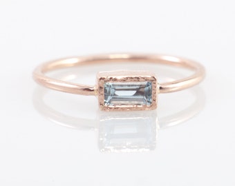 Rectangle Rose Gold Aquamarine Ring with Secret Heart, Emerald Cut, Diamond Alternative Engagement Ring, Holiday Gift, Handmade Gold Ring
