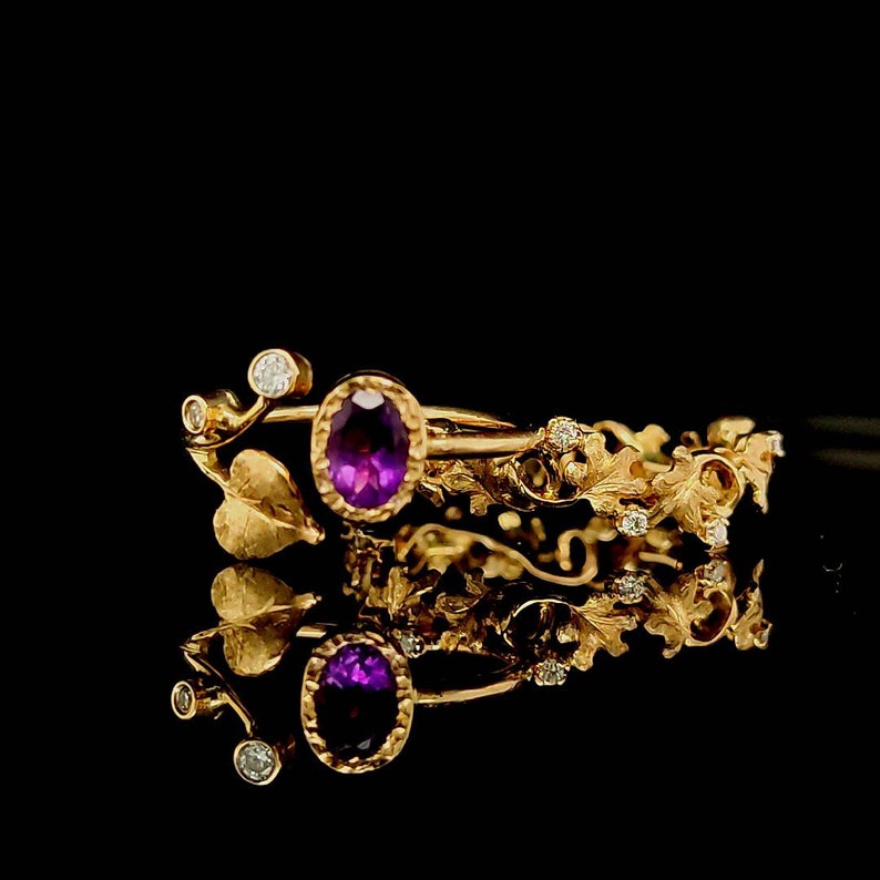 Artistic Engagement Ring Spring Bud: Amethyst & Diamond with Leaf Motif Solid 14k Gold Handmade Ring For Someone Special zdjęcie 3