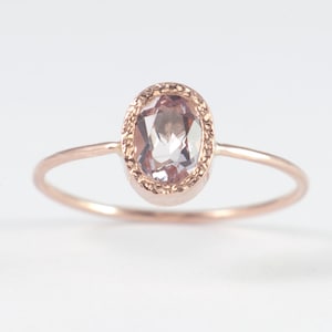 Oval Morganite Engagement Ring – 14K Rose Gold Handmade Ring, Romantic Heart Detail, Thin 1mm Band, Dainty Anniversary or Promise Ring