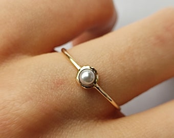 Tiny 14K Gold Pearl Ring, Natural Akoya Pearl Engagement Ring, Bridal,  Anniversary, Promise Ring, Pearl Wedding Ring-Handmade Jewelry