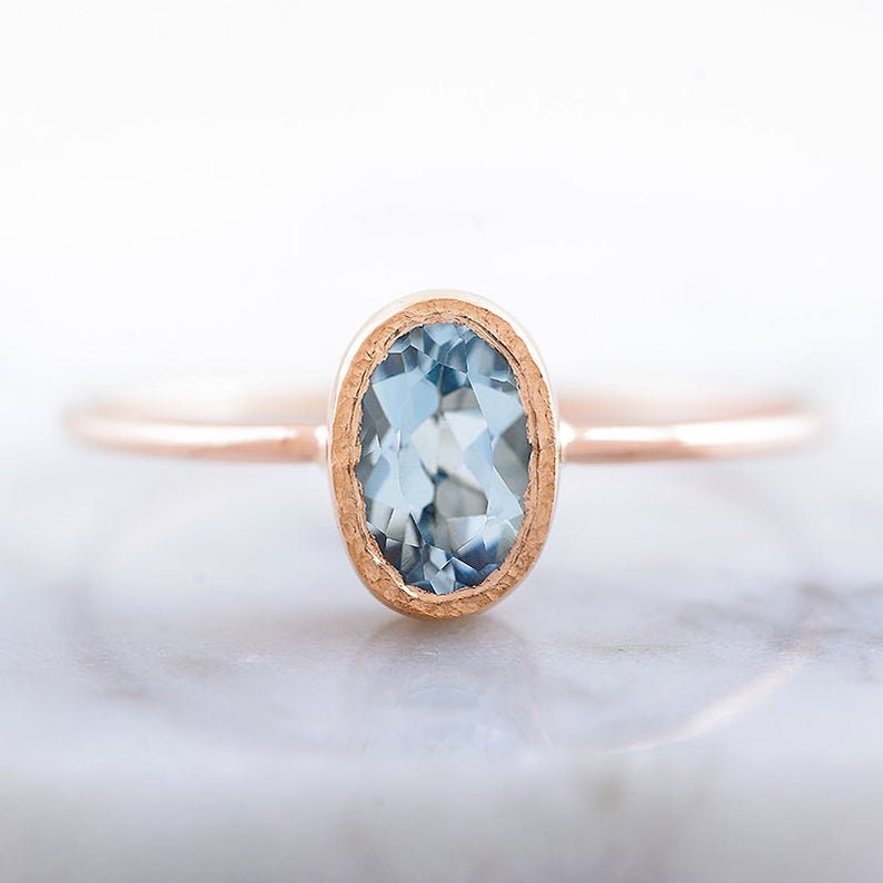 Aquamarine Engagement ring in 14k Rose Gold, Oval Aquamarine ring, Light Blue aquamarine, March Birthstone jewelry, Natural Gemstone ring 