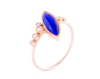 Lapis Lazuli Engagement Ring, Handmade and Unique Statement Ring With Natural Lapis Lazuli Stone and Diamonds On The Side- Solid 14k Gold