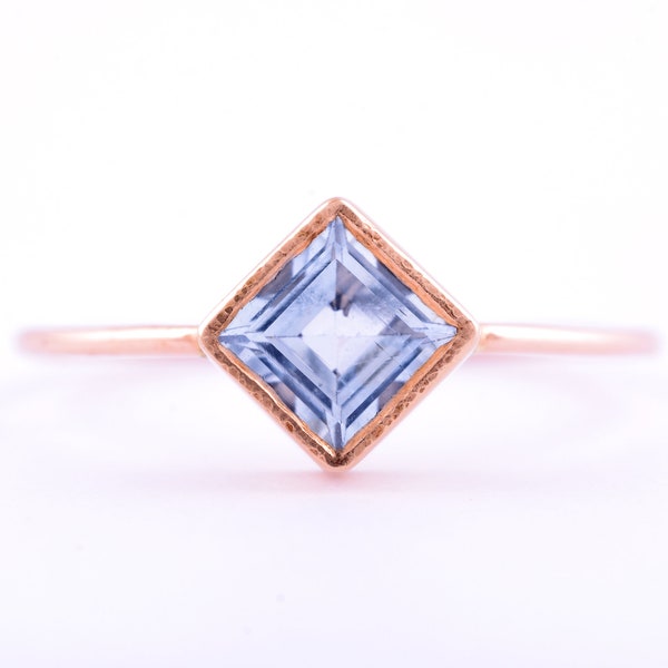 Natural, Princess Cut Aquamarine  Ring, Rose Gold Ring With Secret Heart