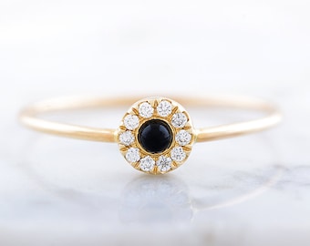 Non Traditional Engagement Ring, Dainty Halo Ring, Black Engagement Ring, Unique Wedding Ring