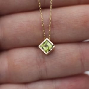 14k Gold Peridot Necklace For Women, Princess Cut, Square Stone, Green Necklace in Solid 14k Gold, Bridal Necklace, Handmade Jewelry image 3
