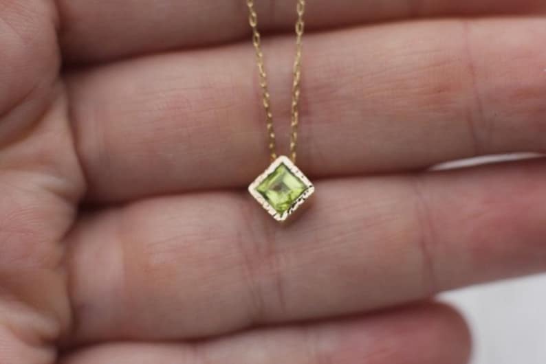 14k Gold Peridot Necklace For Women, Princess Cut, Square Stone, Green Necklace in Solid 14k Gold, Bridal Necklace, Handmade Jewelry image 3