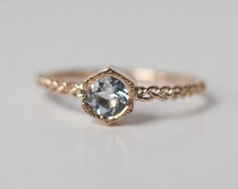 Aquamarine Engagement Ring Rose Gold- Braided Band Ring - Unique Non traditional Engagement Ring-Gold Ring With Heart- Handmade Engagement