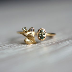 14K Green Sapphire Engagement Ring With Leaf - Nature Inspired  Ring - Leaf Engagement Ring - Open Engagement Ring With Sapphire And Diamond