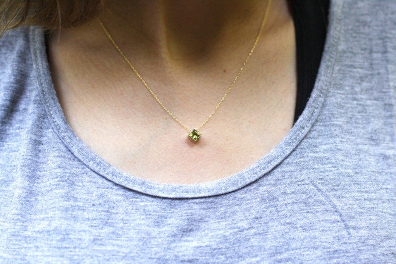 14k Gold Peridot Necklace For Women, Princess Cut, Square Stone, Green Necklace in Solid 14k Gold, Bridal Necklace, Handmade Jewelry image 2