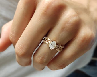 Handmade 14k Gold Leaf Band Ring – Oval Lab Diamond Engagement Ring