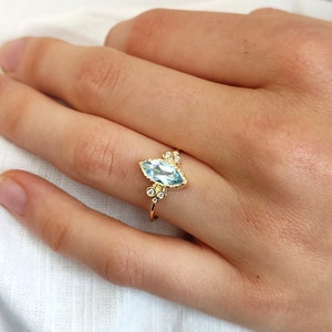 Unique Handmade Marquise-Shaped Topaz Ring, 14K, 18K Gold with Side Diamonds -Blue Topaz Engagement Ring- Topaz &  Diamond Ring