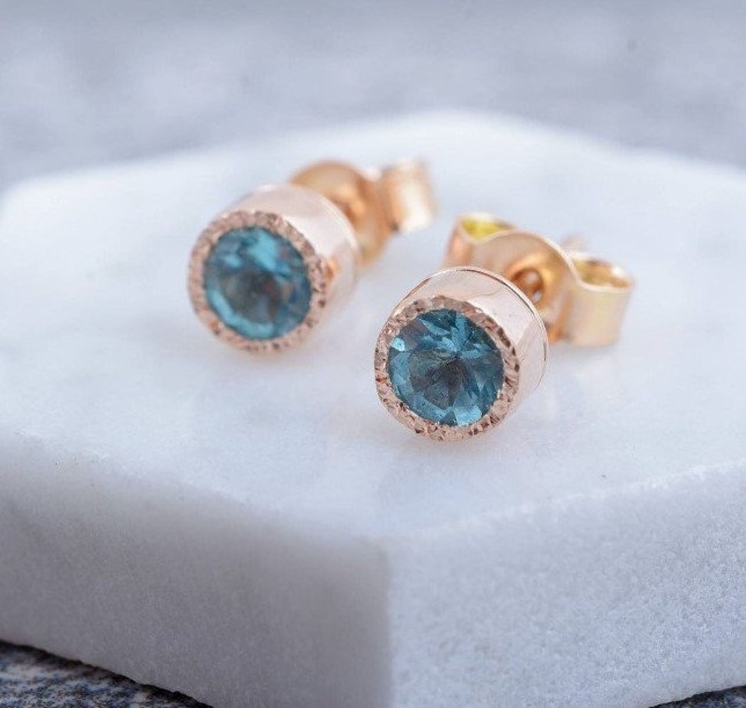 Rose Gold Apatite Earrings, 14k Gold Blue Gemstone Stud Earring ...