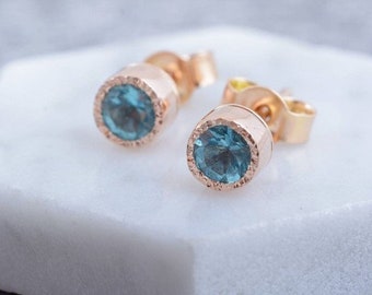 Rose Gold Apatite Earrings, 14k Gold Blue Gemstone Stud Earring, Handmade  Christmas Gift For Woman