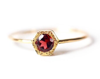 Red Garnet Ring, Hexagon Gold Garnet Ring, January Birthstone, Solid 14k gold ring, Solitaire Engagement ring, Secret Heart Handmade Ring