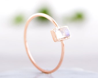 Rose Gold Moonstone Ring, Rectangle Ring, Moonstone Heart Ring, Natural Moonstone Ring in 14k gold