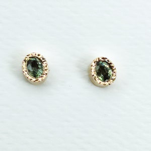 Simple 14k Gold Sapphire Gemstone Stud Earrings-Dainty-Everyday Earrings- Oval Green Stone Earrings- Solid Gold Earrings With Sapphire