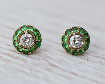 Green Garnet earrings, Halo earrings, Diamond stud earrings, 950 Platinum earrings, Ear Jackets, Natural Diamond earrings, Platinum studs