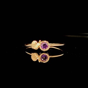 Leaf of Happiness:  Petite Round Purple Amethyst Ring in 14k Gold / Nature-Inspired Ring With Heart/ Perfect Gift For Girlfriend-Handmade