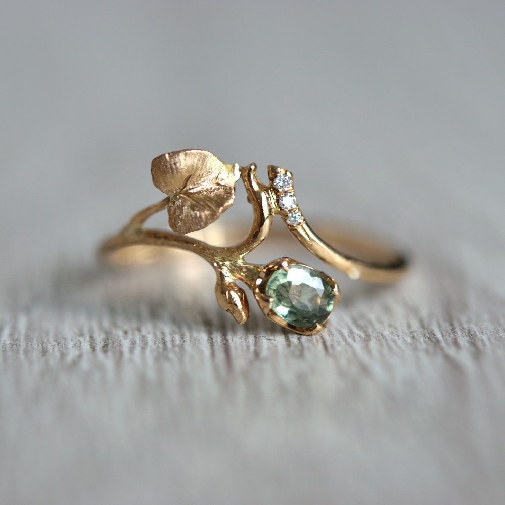 Romantic Sapphire and Diamonds Leaf Wedding Ring-14k Gold Leaf and Flower Bud Engagement Ring-Delicate Oval Green Sapphire Ring-- HANDMADE