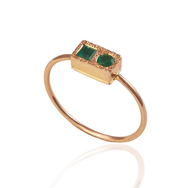 Delicate Two Stone Emerald Ring with Natural Gemstones - Handmade in 14K/18K Gold with Secret Heart - Perfect for Anniversary, Engagement