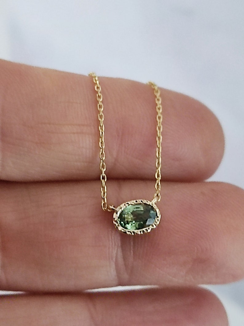 Solid 14K Gold Oval Sapphire Necklace with Heart Detail Dainty Green Sapphire Necklace For Woman Minimalistic Jewelry image 4