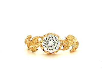 Handmade 14K Gold Leaf Engagement Ring – Round Lab Diamond