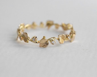 Solid Gold Leaf Wedding Ring-  14k Gold Twig Diamond Wedding Band For Woman- Handmade  Nature-Inspired Jewelry- 14k & 18k Minimalist Ring