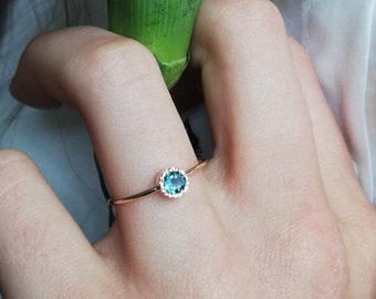 London Blue Topaz Engagement Ring,  Small  Round Topaz Ring in solid  14k, 18k Gold- Birthstone Ring,  Topaz Heart Ring- Gift For  Woman