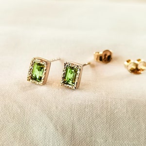 14k Gold Peridot Earrings Peridot Stud Earrings Rectangle Stone Solid 14k Yellow, White, Rose Gold Jewelry Gift For Women, Mom, Sister image 4