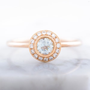 Halo  Engagement Ring With Secret Heart, 14k Rose Gold Engagement Ring,  Beautiful Aquamarine Engagement Ring,  Fine Engagement Ring