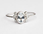 White Gold Engagement Ring with Natural Aquamarine And Diamonds, Unique Gold Oval Aquamarine Ring , Handmade Jewelry