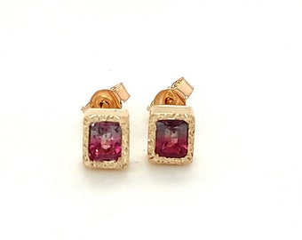 Watermelon Tourmaline Earrings- Solid 14k Gold Stud Earrings With Tourmaline Stones- Rectangle Stud Earrings For Woman