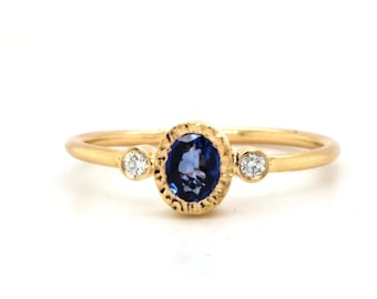 Dainty Handmade  Oval Blue Sapphire and Diamond Engagement Ring-  Sapphire Engagement Ring With Heart Detail- 14k Yellow Gold Sapphire Ring