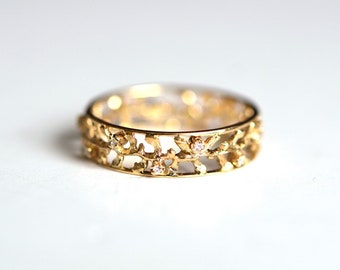 Ampia fede nuziale con foglie e diamanti - Fede nuziale in oro 14k con diamanti - Fede nuziale larga unica per donna - Gioielli dal design unico