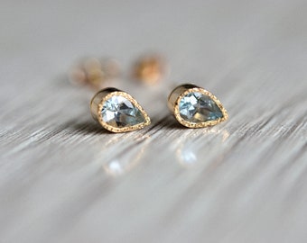 Pear-Shaped Aquamarine Stud Earrings- Solid 14K Yellow, White, Rose Gold Aquamarine Studs- March Birthstone Gift For Woman- Minimalistic