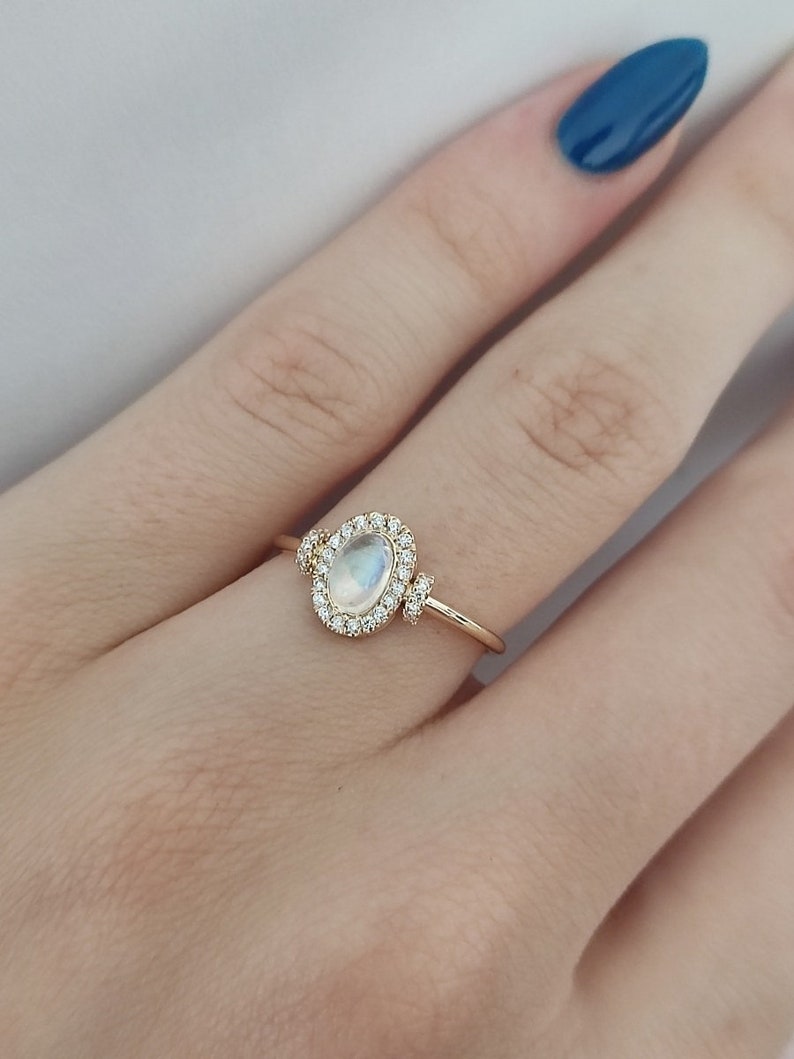 Oval Moonstone Engagement Ring Handcrafted 'Dream' Engagement Ring With Natural Moonstone and Diamonds I Moonstone Halo Engagement Ring image 4