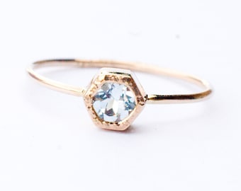 Anillo de compromiso de aguamarina con forma hexagonal en oro rosa de 14 k, joyería dulce y romántica para mujer, idea de regalo de Navidad para mujer