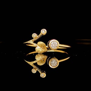 Diamond Leaf Ring- Artisan Engagement Ring- Twig Engagement Bridal Ring- Handmade-Botanical Art Ring- Open Ring- Unique Diamond Engagement