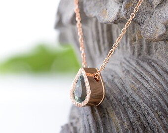 Dark Green Sapphire Gold Chain Necklace, 14k Gold Sapphire