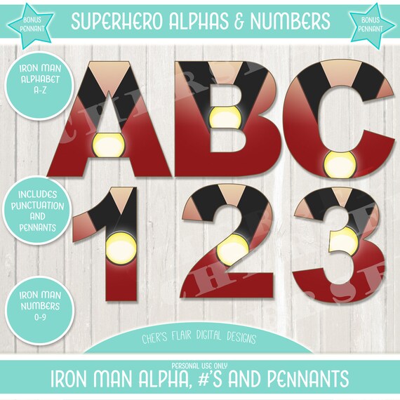 SUPERHERO IRONMAN ALPHABET Superhero Alphas Numbers Iron Etsy