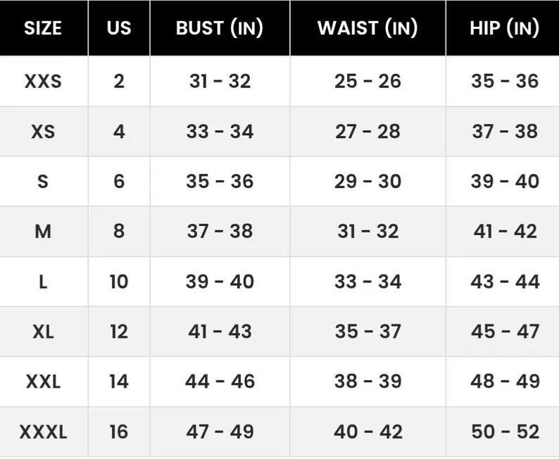 May include: A size chart with black text on a white background. The chart lists sizes XXS to XXXL, corresponding US sizes, bust, waist, and hip measurements in inches. Measurements range from 31-32 inches bust to 50-52 inches hips.