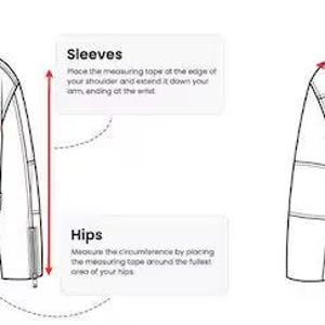 May include: Diagram illustrating how to measure a jacket. The image shows a front and back view of a jacket with labels indicating bust, waist, sleeves, hips, shoulder, and length measurements. Instructions are provided for each measurement.