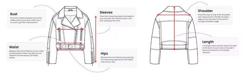 May include: Diagram illustrating how to measure a jacket. The image shows a front and back view of a jacket with labels indicating bust, waist, sleeves, hips, shoulder, and length measurements. Instructions are provided for each measurement.