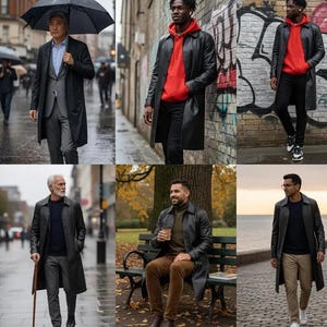 May include: A collection of images showcasing various individuals wearing black leather trench coats. The coats are styled with different outfits, including suits, hoodies, and casual wear, suitable for diverse weather conditions and settings.