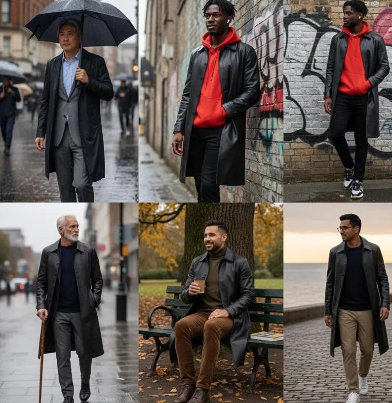 May include: A collection of images showcasing various individuals wearing black leather trench coats. The coats are styled with different outfits, including suits, hoodies, and casual wear, suitable for diverse weather conditions and settings.