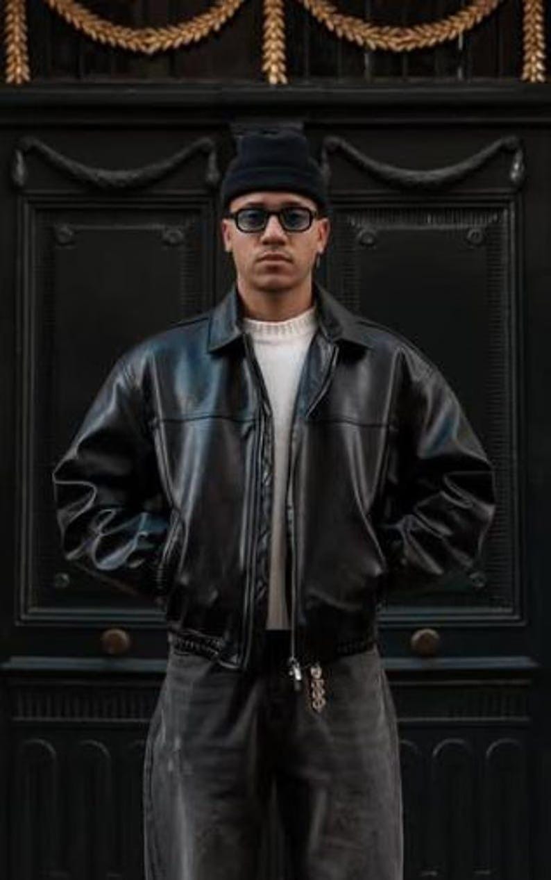 Men's Black Genuine Leather Bomber Jacket | 90s Vintage Oversized