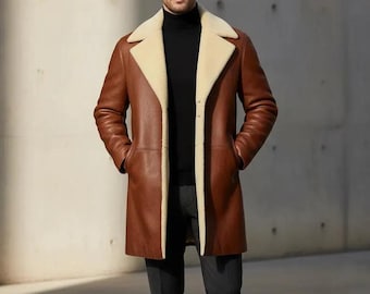 Luxury Men’s Brown Shearling Leather Coat – Premium Genuine Leather Winter Overcoat for Modern Gentlemen