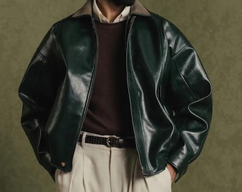 Men’s Vintage Dark Green Genuine Leather Bomber Jacket | Classic Collared Winter Aviator Coat